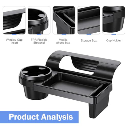 Car Window Storage Holder, Multi-function Cup Holder with Phone Slot & Storage Tray, ABS Anti-scratch Insert Extra Hanging Mount, Interior Organizer for Most Vehicles (Black)