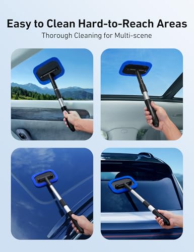 AstroAI Windshield Cleaner Tool, Microfiber Car Window Cleaner with 4 Reusable and Washable Microfiber Pads and Extendable Handle Auto Inside Glass Wiper Kit, Blue - color: Blue