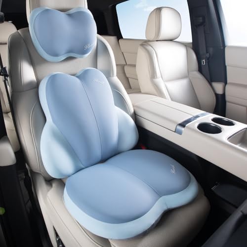 FLORICH 3 PCS Seat Cushion for Carseat Lumbar Support Pillow Car Neck Headrest Pillows Ultrathick Memory Foam Seat Pads Pressure Relief Back Cushion for Office Chair(Blue) - color: Blue, size: Cushion+lumbar+headrest
