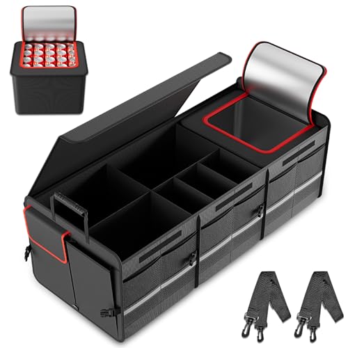 MEI&CO Car Trunk Organizer - 2.5mm PP Board Built, 35L Leakproof Cooler, 105L Capacity, 2 Tie-Down Straps, 4 Adjustable Dividers, Foldable Design for SUVs, Trucks, and Cars - color: RED