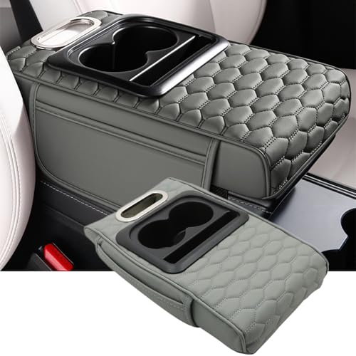Priprilod Gray Car Center Console Armrest Pillow, Memory Foam with Cup Holder and Cell Phone Holder, Multifunctional Car Center Console Organizer, Universal Fit for Most Car Interior Accessories - color: Gray