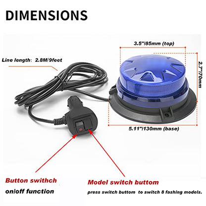 AUXMOTEC Blue Led Emergency Strobe Beacon Lights Bar with Magnetic Mount and 8 Flash Models Warning Safety Flashing Rooftop Signal Lamps for Firefighters Police Vehicles(24-LED 12V-24V) - color: #3 Blue