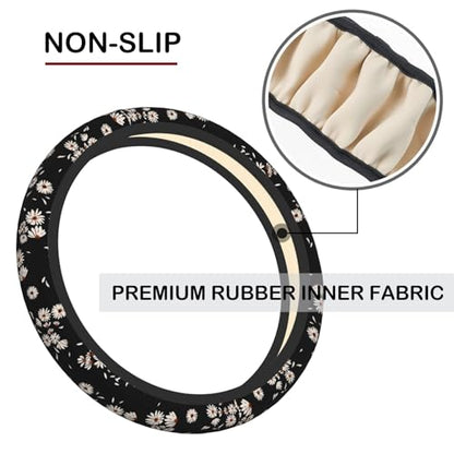Black and White Daisies Elastic Steering Wheel Cover, Non-Slip Breathable Neoprene Steering Wheel Covers, Women Pink Car Accessories, Universal 15 Inch Fit Auto, Suvs, Truck - color: Black White Daisy