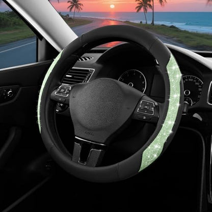 PIC AUTO Steering Wheel Cover, Green Sparkly Crystal Bling Glitter with Leather, Universal Fit 14.5"-15.5" Car Steering Wheels for Girls & Women, Anti-Slip Wheels Cover for Cars, Trucks, Van, SUVs - color: Green Glitter
