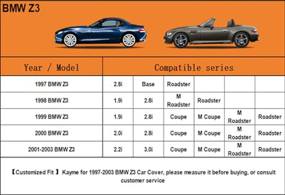 Kayme 6 Layers Car Cover Custom Fit for BMW Z3 (1997-2003) Waterproof All Weather for Automobiles, Outdoor Full Cover Rain Sun UV Protection.Silver - size: 9. Custom Fit BMW Z3