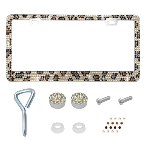 Ziciner Bling License Plate Frame, Sparkly License Plate Tag Cover with Multifaceted Rhinestones, Stainless Steel Crystal License Plate Holder, Universal Exterior Car Accessories (Leopard Print, 1PCS) - color: Leopard Print, 1PCS