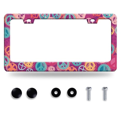 Groovy Hippie Peace Sign License Plate Frame Pink License Plate Frames Stainless Steel Accessories Cars Decor with 2 Holes and Screws Fits Standard US CA Vehicles Size 12.2 x 6 Inches - color: Groovy Hippie Peace Sign