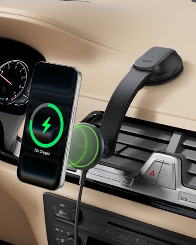 Belkin Wireless Car Charger, MagSafe Phone Holder & Car Dash Mount w/ 1M USB C Cable, Qi2 MagSafe Compatible Fast Charging iPhone Charger for iPhone 17, Galaxy S26, Pixel 10, Road Travelers, Black - style: Dash Mount