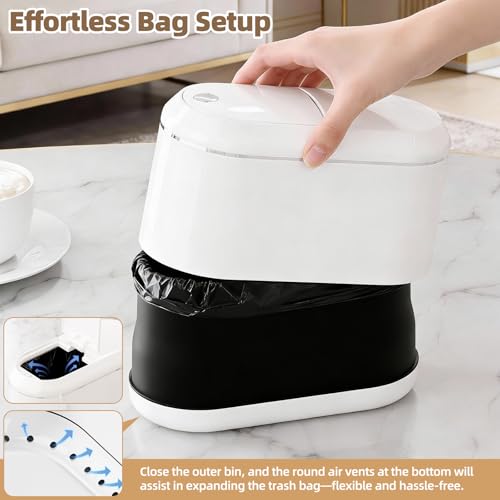 PAVSTINE Mini Trash Can for Desk with 5 Rolls of Trash Bags, Small Press-Top Countertop Garbage Bin, Removable Waste Basket for Bedroom, Vanity, Coffee Table, Kitchen (White Half-Lid) - color: White Half-Lid