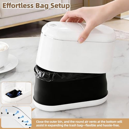 PAVSTINE Mini Trash Can for Desk with 5 Rolls of Trash Bags, Small Press-Top Countertop Garbage Bin, Removable Waste Basket for Bedroom, Vanity, Coffee Table, Kitchen (White Half-Lid) - color: White Half-Lid