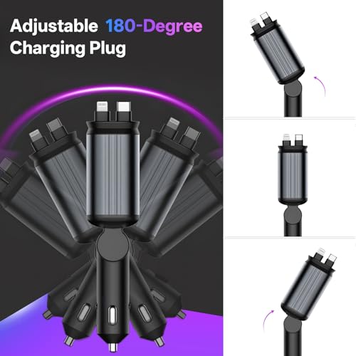 Retractable Car Charger, 4 in 1 Fast Charging Car Charger USB-C & USB-A Compatible with iPhone 16/15/14/13/12/11/X,Galaxy,Pixel - color: dark gray(red starry sky light)