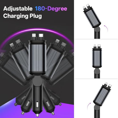 Retractable Car Charger, 4 in 1 Fast Charging Car Charger USB-C & USB-A Compatible with iPhone 16/15/14/13/12/11/X,Galaxy,Pixel - color: dark gray(red starry sky light)