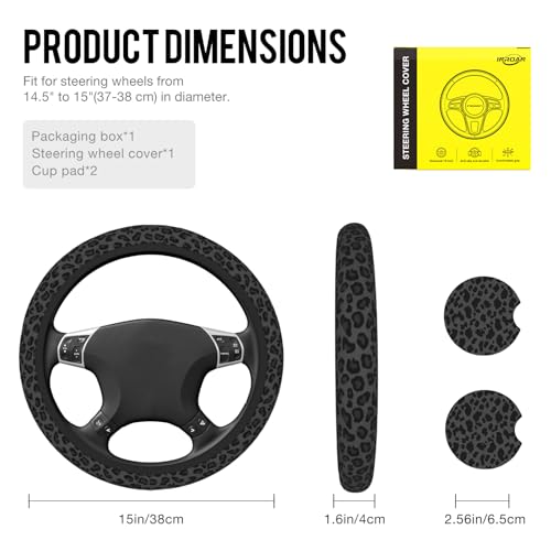 Black Leopard Print Steering Wheel Cover for Women, Universal Fit 14.5-15 Inch with Non-Slip Grip and Thermal Control, Includes 2 Ceramic Absorbent Cup Coasters, Compatible with Cars, SUVs, Trucks.