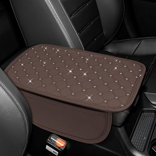 wuyaoyao Bling Car Center Console Cover, 11.81"×7.87" Leather Auto Arm Rest Cover Protector with 2 Storage Bags, Vehicle Crystal Rhinestone Armrest Cushion Pad, Interior Car Accessories (Coffee) - color: Coffee