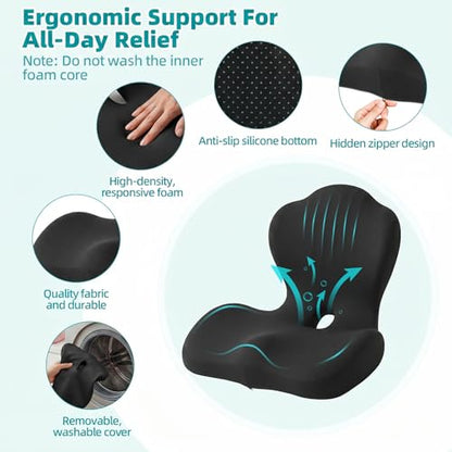 Office Chair Cushion with Back Support, Ergonomic Seat Cushion High Density Memory Foam with U-Shaped Raised Sides, Breathable Coccyx Relief for Better Posture, Office Chair, Car, Home (Black) - color: Black