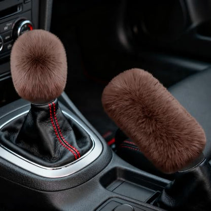 2PCS Plush Car Gear Shift Knob Cover & Handbrake Cover, Shift Knob Protector, Soft Fluffy Gear Handbrake Protective Sleeves, Shifter Lever Brake Handle Warm Plush Set for Cars (Coffee) - color: Coffee