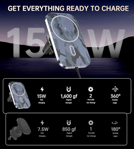 Mukiya for MagSafe Car Mount Charger with Adapter, 360° Rotation Magnetic Wireless iPhone Car Charger for Air Vent, Compatible with iPhone 17/16/15/14/13/12 Series (Multi-Gray) - color: Gray