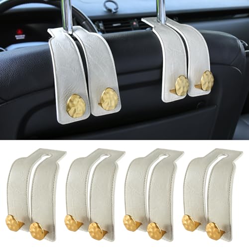 4 PCS Leather Car Seat Hooks for Headrest, Vehicle Hanger Storage Organizer Universal for Handbag Purse, Car Accessories Gift (White-Gold-4 PCS) - color: White-Gold-4 PCS