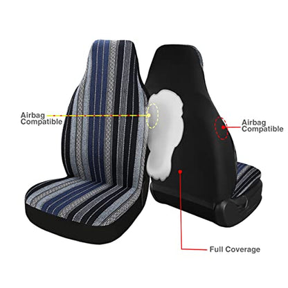 Baja Saddle Blanket Car Seat Covers 2PCS Front, Breathable and Washable Striped Woven Automotive Vehicle Seat Cover, Universal Seat Cover for Sedan, SUV, Truck, Airbag Compatible - color: High Back Blue Baja, size: Front