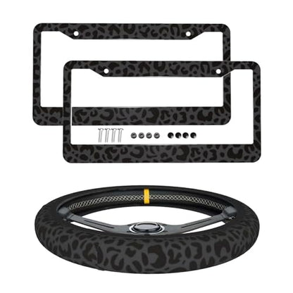 Black Leopard Print Cheetah License Plate Frame Black Animal Print Steering Wheel Cover Funny Cars Decor Aluminum Plate Frame Anti-Slip Breathable with Screws Fits Standard Us Ca Vehicles - color: Black Leopard Print Cheetah