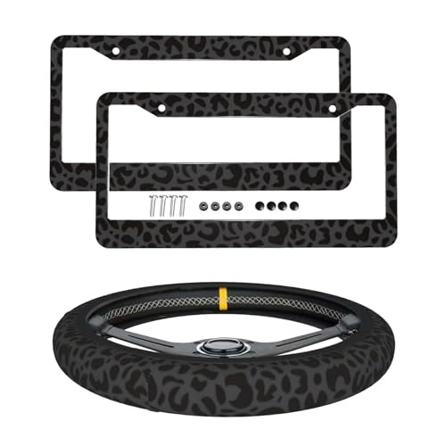 Black Leopard Print Cheetah License Plate Frame Black Animal Print Steering Wheel Cover Funny Cars Decor Aluminum Plate Frame Anti-Slip Breathable with Screws Fits Standard Us Ca Vehicles - color: Black Leopard Print Cheetah