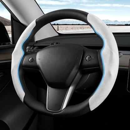 Shademax Custom-Fit for Tesla Steering Wheel Cover, Tesla Model Y / 3 2017-2025 (Fit Model Y Juniper 2026/ Model 3 Highland) Suede Steering Wheel Cover Non-Slip Tesla Model Y/3 Accessories (White) - color: White