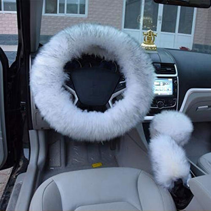 1 Set 3 Pcs Car Steering Wheel Cover & Handbrake Cover & Gear Shift Cover Set Faux Wool Warm Winter (Grey-3pcs) - color: Grey-3pcs