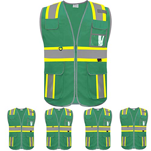 zojo High Visibility Safety Vest, 5PCS,Reflective with Multi-Functional Pockets and Zipper,for Men Women work(Green-Strip) - color: Green-strip