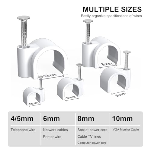 Jadaol Wide Design Cable Clips with Nails, 250 Pack Cord Wire Clips (4mm 5mm 6mm 8mm 10mm), Nail-in Round Cable Tacks for Ethernet Cable, Coaxial, TV, Speaker, Electrical Wire, White - size: 4/5/6/8/10mm - Wide Design