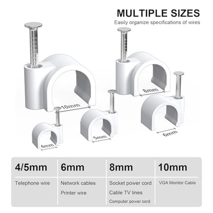 Jadaol Wide Design Cable Clips with Nails, 250 Pack Cord Wire Clips (4mm 5mm 6mm 8mm 10mm), Nail-in Round Cable Tacks for Ethernet Cable, Coaxial, TV, Speaker, Electrical Wire, White - size: 4/5/6/8/10mm - Wide Design