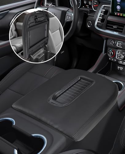 INTGET Center Console Cover for Chevy Silverado & GMC Sierra Accessories 2019 2020 2021 2022 2023 2024 2025 Leather Armrest Lid Arm Rest Box Protector(Black Stitches, Bucket Seat 19-25)