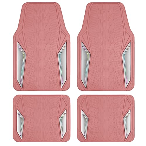 PIC AUTO Pink Rubber Floor Mats, Silver Aluminum Film with Colorful Piping Floor Mats for Cars, Car Mats with Non-Slip Backing, All-Weather, Trim-to-Fit Liner for Cars, SUVs, Trucks, Vehicles - color: All Pink