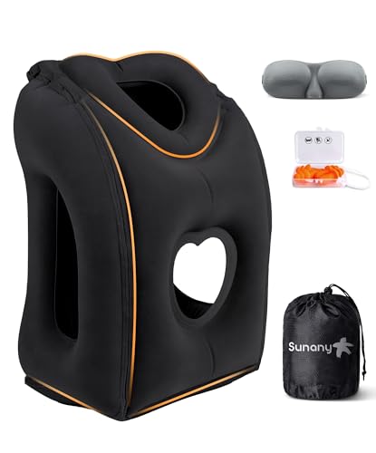 Sunany Travel Pillow, Upgraded Plane Pillow for Long Flights, Inflatable Neck Pillow Used for Airplanes,Cars,Buses,Trains,Office Napping with Eye Mask,Earplugs (Black) - color: Black (Head Heart-shape&sloping Base)