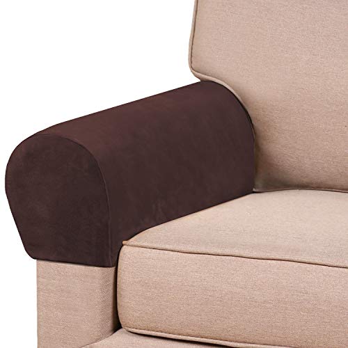 PrinceDeco 4 Pack Thick Velvet Stretch Armrest Covers for Chairs and Sofas - Non Slip, Brown - color: Brown