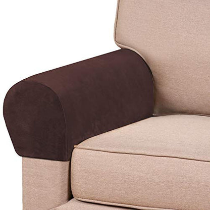 PrinceDeco 4 Pack Thick Velvet Stretch Armrest Covers for Chairs and Sofas - Non Slip, Brown - color: Brown