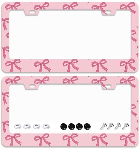 2 Pcs Cute Pink Bow License Plate Frames - 2 Holes Stainless Steel Metal Auto Car Accessories Decoration License Plate Frame Cover Size 6.3" x 12.2" Fit US Vehicles for Women Men Gift - color: Pink Bow B