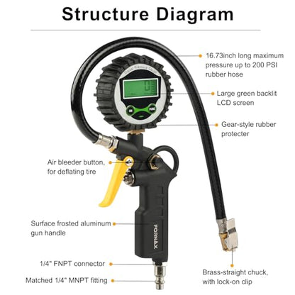 FORNAX Digital Tire Inflator with 200 PSI Pressure Gauge for Testing Tire Pressure