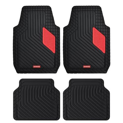 Coverado Heavy-Duty PVC Car Floor Mats Full Set – Red Metallic Heel Pad, All-Weather Protection for Front & Rear, Non-Slip Backing, Easy-to-Clean Liners, 4 Pcs - color: Red