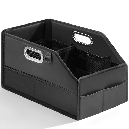 Car Seat Organizer for Back Seats&Front-Foldable PU Leather Storage with Adjustable Dividers,2 Cup Holders&7 Mesh Pockets-Detachable Design with Metal Handles for Kids Travel,Toys,Snacks