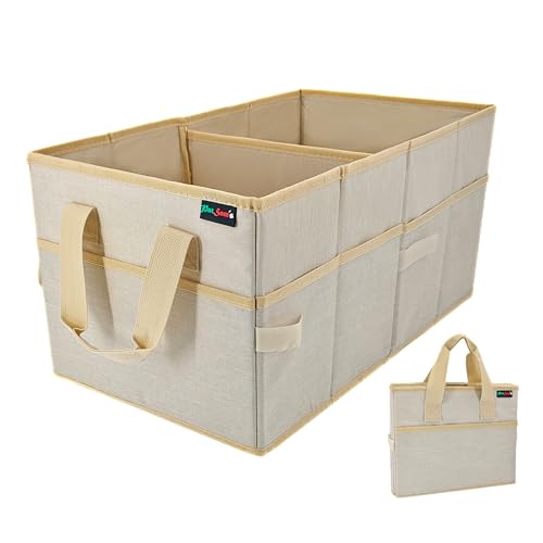 PAT SAM'S Car Trunk Organizer for SUV, Foldable Collapsible Storage Organizer with Dividers, Non-Slip Waterproof 600D Oxford, Backseat & Trunk Storage for Groceries, Tools, Toys (Beige) - color: Beige