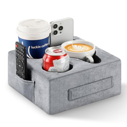 Luxspire Couch Cup Holder Tray, Couch Cup Holder Pillow with 4 Holes, Side Pocket and Handle, Couch Caddy Pillow for Phone/Drinks/Remote Control/Snacks, Gray - color: Gray
