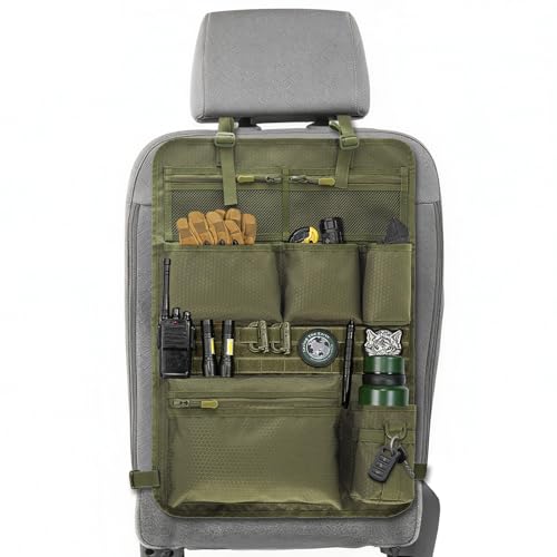 Tactical Car Seat Organizer with Multiple Pockets, MOLLE Panel System & Mesh Compartments, Durable Nylon Universal Vehicle Seat Back Storage with Cup Holder, Water-Resistant (Army Green) - color: Army Green
