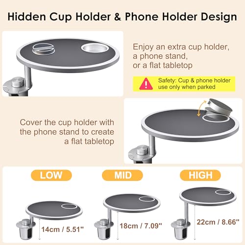 Car Food Tray & Car Table Tray with Car-Grade Aluminum Cup Holder & Phone Stand,360° Rotating Car Desk for Laptop & Eating, Compatible with Tesla Model Y/3/S, Best Fit Round Cup Holder (2.28" - 3.66") - color: 𝗥𝗼𝘂𝗻𝗱 · Black