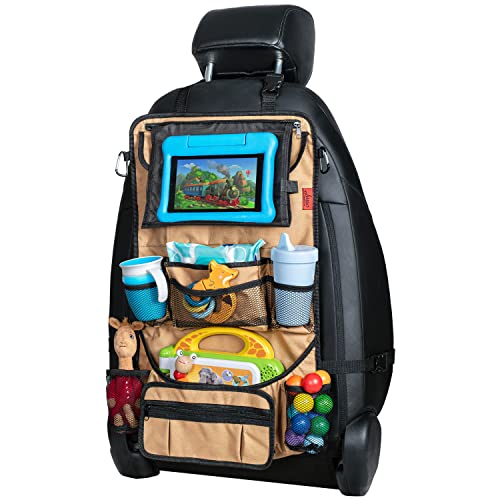Lusso Gear Heavy Duty Back Seat Car Organizer Extra Large for Powerful Protection, Sag Proof & Reinforced Corners, Protects iPad & Backseat, 12 Versatile Car Seat Organizer Storage Compartments, (Tan) - color: Tan
