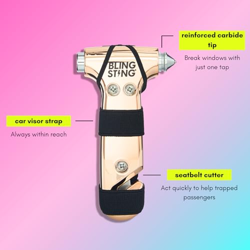 BLINGSTING Safety Hammer - Emergency Automotive Escape Tool with Window Breaker, Seat Belt Cutter & Adjustable Car Visor Strap - Tempered Glass Breaker - Steel Blade - Rose Gold (1 Count) - color: Rose Gold 1
