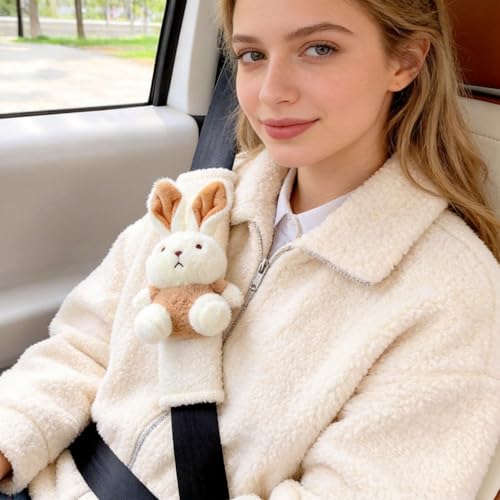 2 PCS Seat Belt Cover Pad, Cute Kawaii Animal Bunny Seatbelt Covers for Kids and Adults, Winter Plush Fluffy Soft Seat Belt Cover, Cartoon Seatbelt Cushion,Car Seat Strap Pads (D-Bunny) - color: D-Bunny