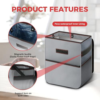 Simple Deluxe 2 Gallon Car Trash Can, Collapsible Adjustable Straps and Portable Organizer, Multipurpose Bin with Lid and Storage Pockets, Grey