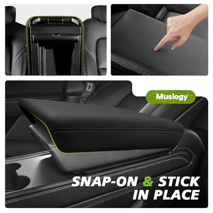 Muslogy Center Console Armrest Cover Fit for Tesla Model Y Juniper 2026+ / Model 3 Highland 2024+ Accessories, Comfort Armrest Pad Console Lid Cushion Vegan Leather Snap-On Black (Hard Cover) - size: 25+ |Juniper| Snap-On Black, Hard Cover
