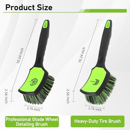 MVEQRRN 2-Pack Car Wheel Tire Detailing Brush Set:Wheel Cleaner Brush with Soft Bristles,Stiff Bristle Cleaning Brush with Rubber Handle for Deep Clean Car Tire Rims, Fenders or Carpet(Black Green) - color: black green