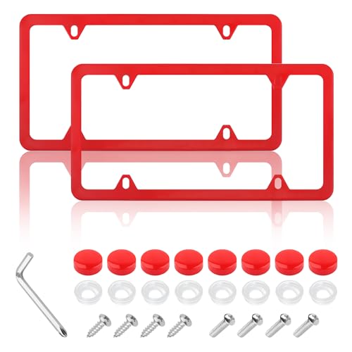 2PCS Colorful Car License Plate Frames with Gaskets Screws and Caps,Stainless Steel 4 Holes License Plate Holder Fits U.S. Standard,Universal Car Tag Frame Car Accessories (Red) - color: Red